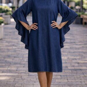 Ouum Dark Blue Jean Long Straight Casual Sheath Dress Flared Ruffle Sleeves